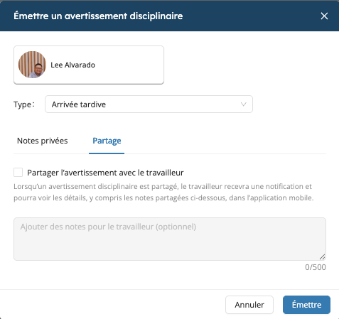 Émettre un avertissement disciplinaire